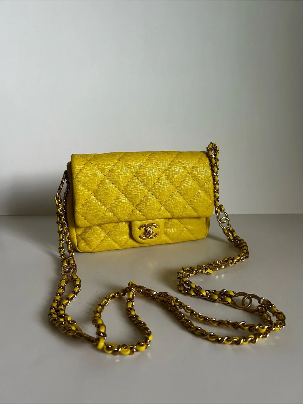 CHANEL Yellow Quilted Leather Crossbody with Gold Chain